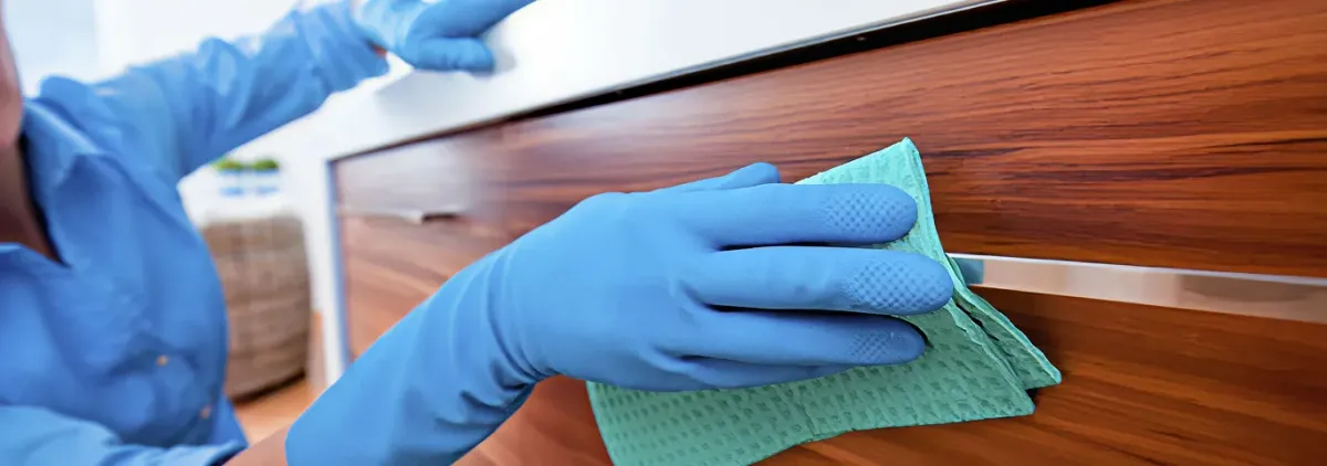 Cleaner wearing blue gloves wiping a wooden cabinet drawer with a microfiber cloth for dust and grime removal, Fort Lauderdale, FL.