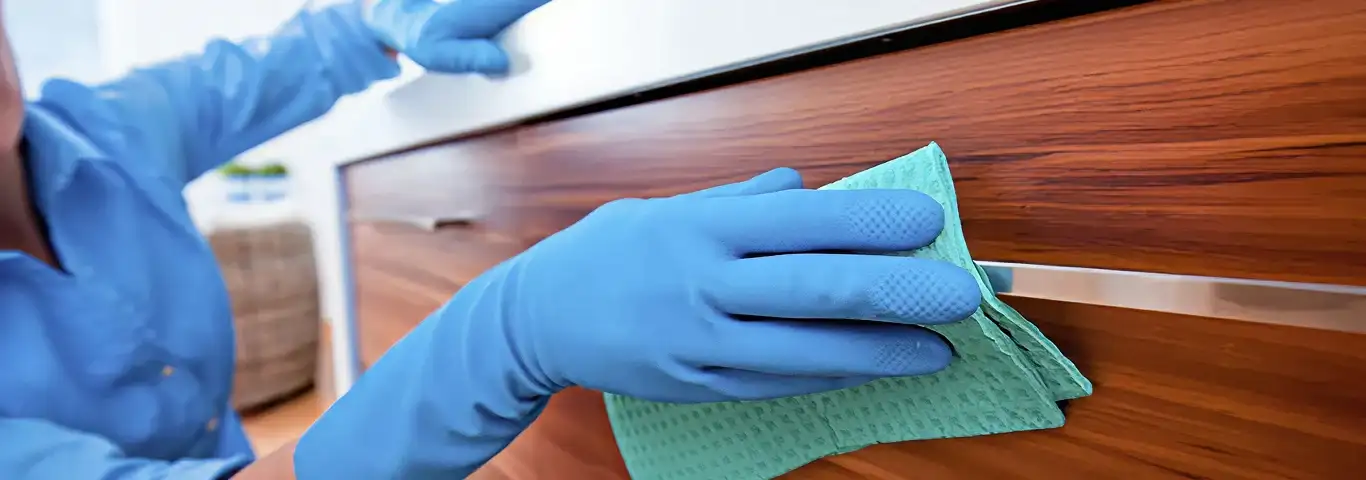 Cleaner wearing blue gloves wiping a wooden cabinet drawer with a microfiber cloth for dust and grime removal, Fort Lauderdale, FL.