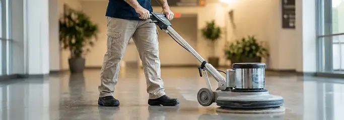 Professional technician using an industrial floor buffer to polish and maintain shiny commercial flooring in a corporate hallway in Fort Lauderdale, FL.