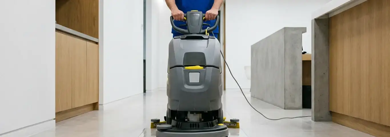 Janitorial staff using a floor scrubber machine to clean a commercial hallway, Fort Lauderdale, FL.
