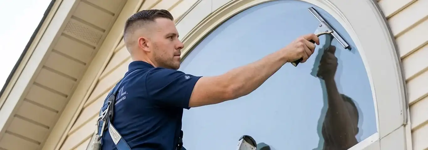 Professional window cleaner using a squeegee to clean an exterior arched window on a home, Fort Lauderdale, FL.