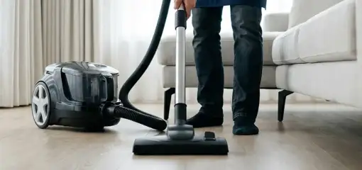 Professional house cleaner vacuuming a living room floor with a canister vacuum cleaner, Fort Lauderdale, FL.