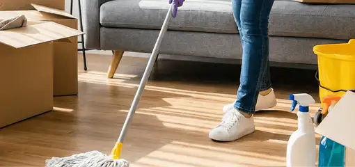 Move-out cleaning setup with a cleaner mopping hardwood floors near moving boxes and cleaning supplies, Fort Lauderdale, FL.