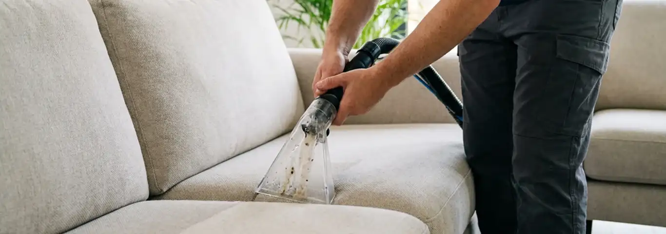 Technician extracting dirt and moisture from a fabric sofa with an upholstery cleaning wand, Fort Lauderdale, FL.