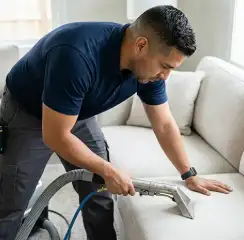 Professional upholstery cleaning technician using an extraction wand to deep-clean a fabric sofa, Fort Lauderdale, FL.