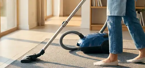Person vacuuming a living room rug with a canister vacuum cleaner near large windows, Fort Lauderdale, FL.